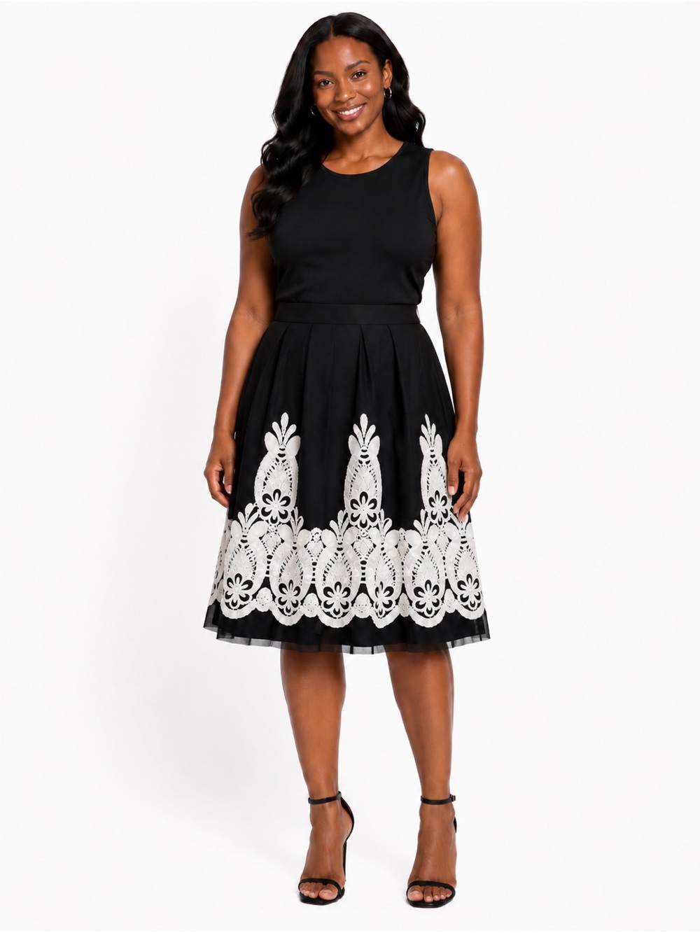 Black A-Line Skirt with White Embroidered Lace Hem